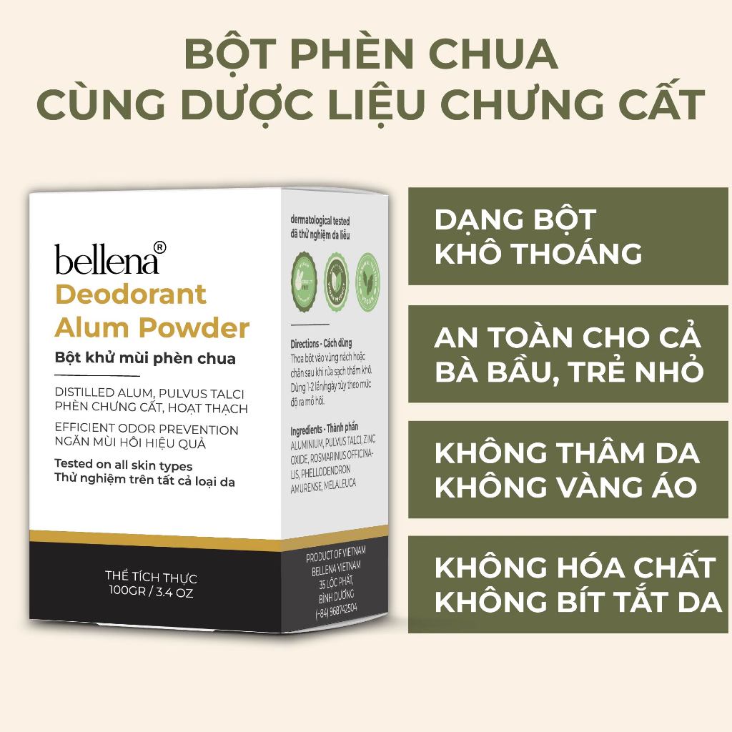 Phèn chua khử mùi hôi nách bột phèn chua chưng cất khử mùi hôi nách Bellena PC1 100gr