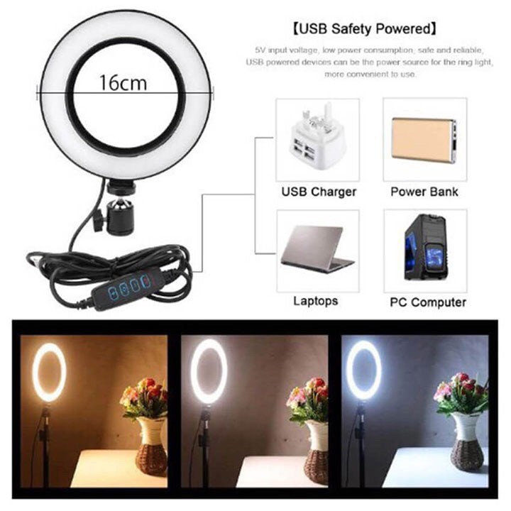 Đèn livestream để bàn 16cm 2 kẹp điện thoại - Đèn để bàn mini hỗ trợ chụp ảnh, make up, livestream