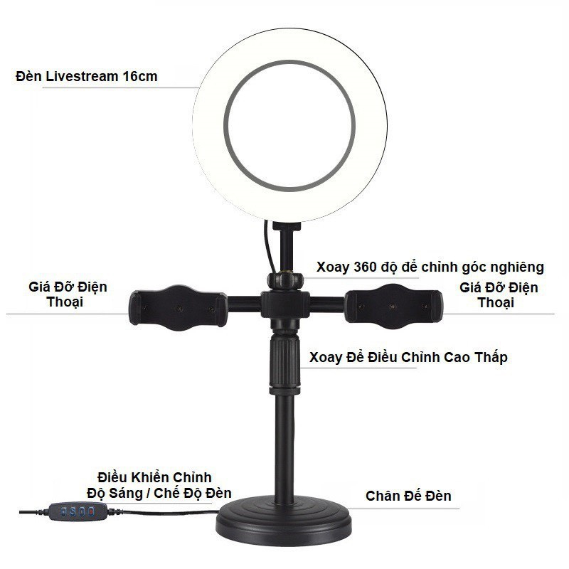 Đèn livestream để bàn 16cm 2 kẹp điện thoại - Đèn để bàn mini hỗ trợ chụp ảnh, make up, livestream