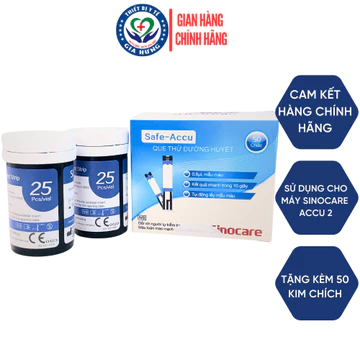 Que Thử Đường Huyết Sinocare Safe Accu (Dùng được cho máy Accu 2) Hộp 50 Que + 50 Kim