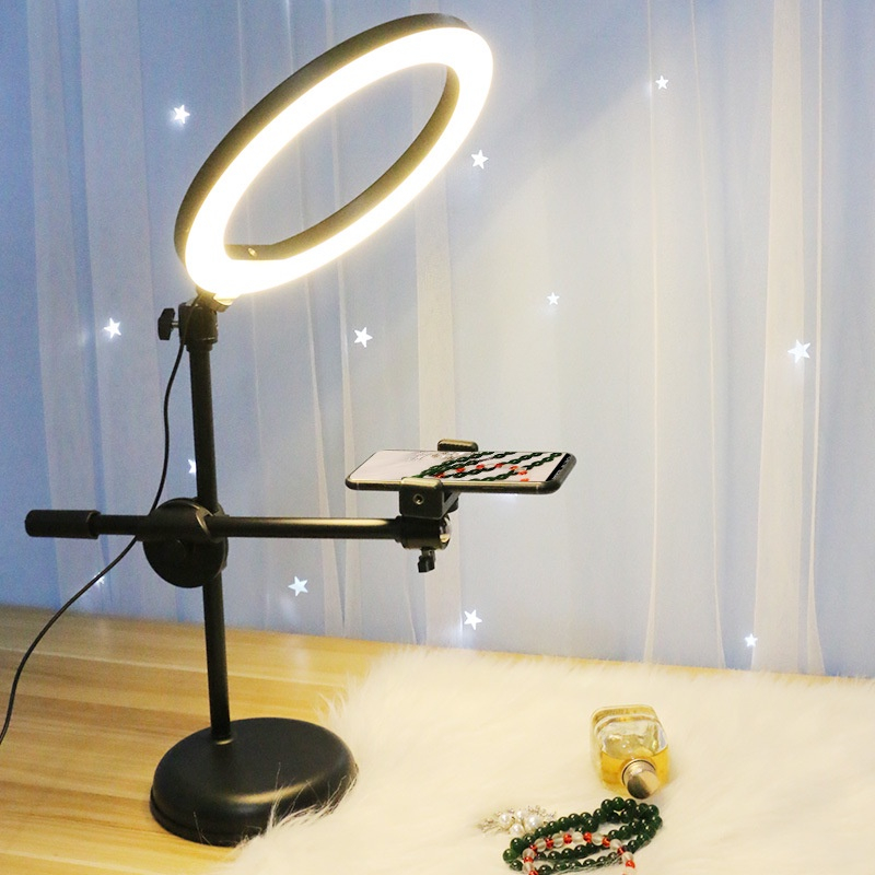 Đèn livestream để bàn, Bộ giá đỡ 2 kẹp điện thoại kèm kẹp mic - Chân quay video để bàn chắc chắn nhỏ gọn