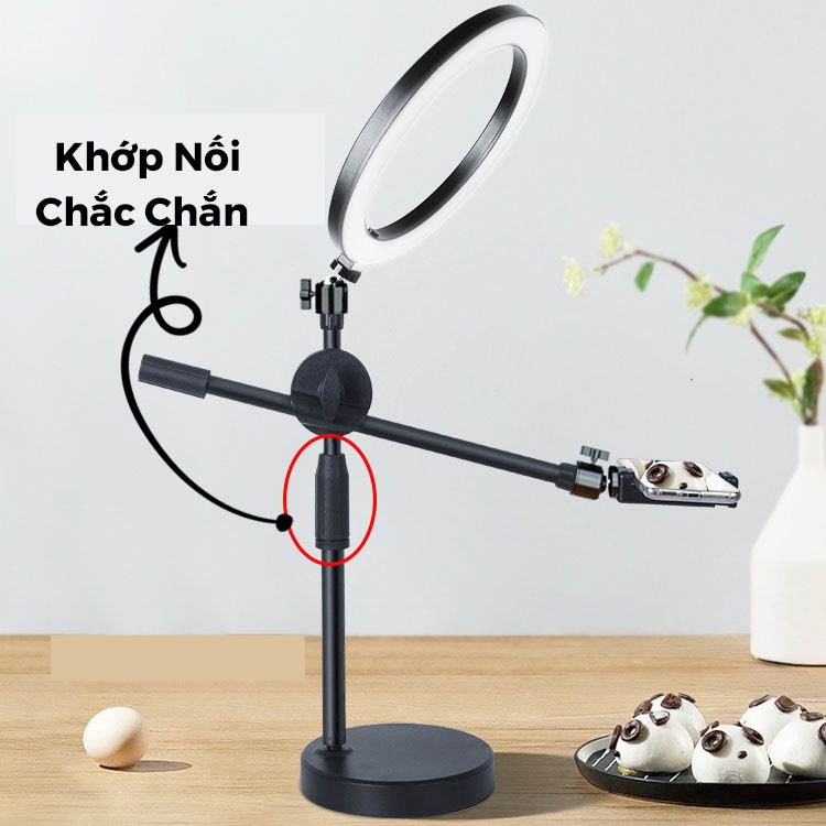 Đèn livestream để bàn, Bộ giá đỡ 2 kẹp điện thoại kèm kẹp mic - Chân quay video để bàn chắc chắn nhỏ gọn