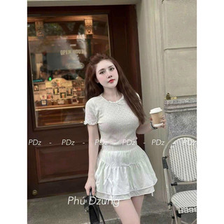 Áo len nữ cộc tay nơ nhí mix ren, len giấy mềm mát phong cách dễ thương freesize
