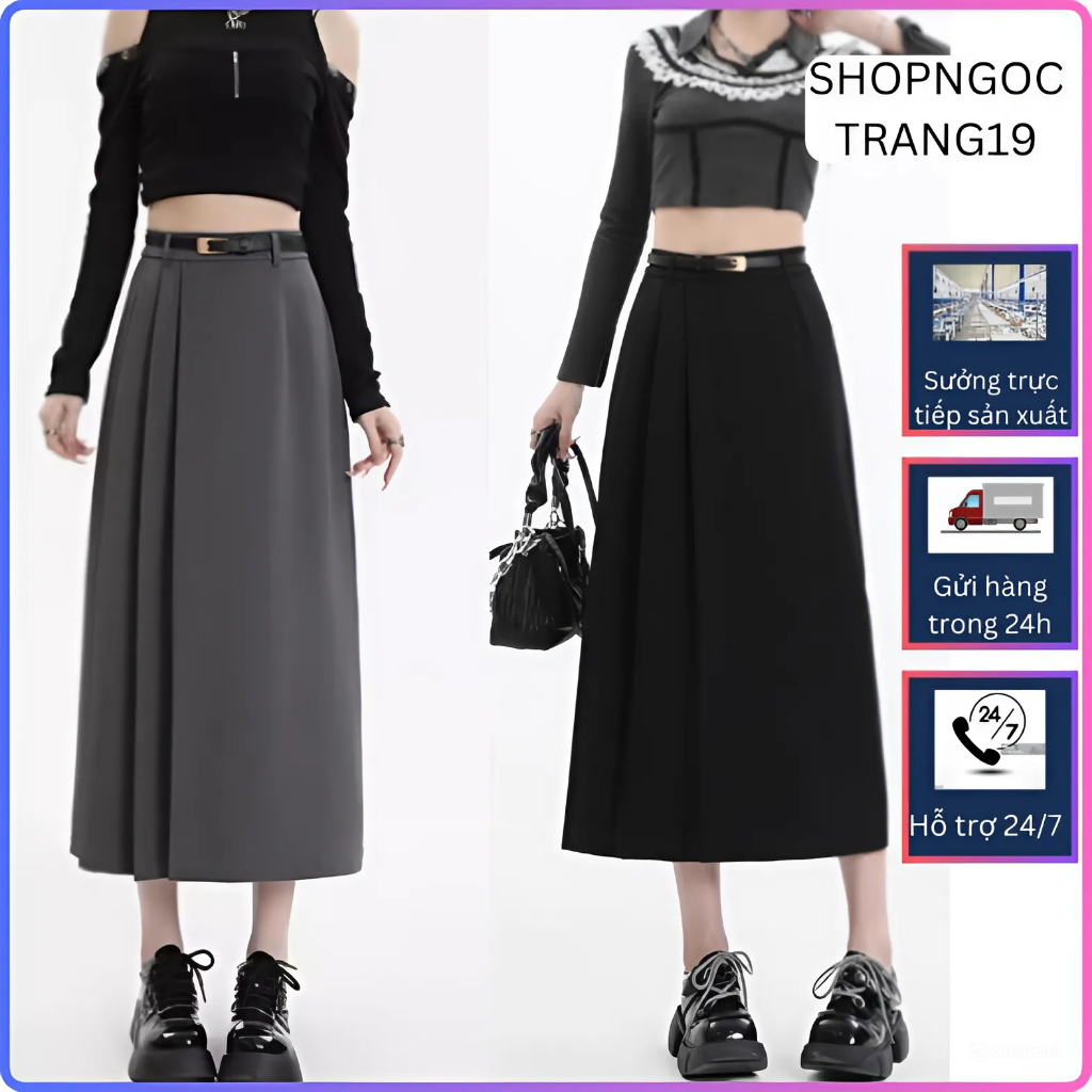 Váy Chữ A Màu Xám Dành Cho Nữ Dáng Nhỏ Nhắn Váy Xếp Ly 2024 Bản Cạp Cao Tôn Eo _Shopgoctrang19_Cv150