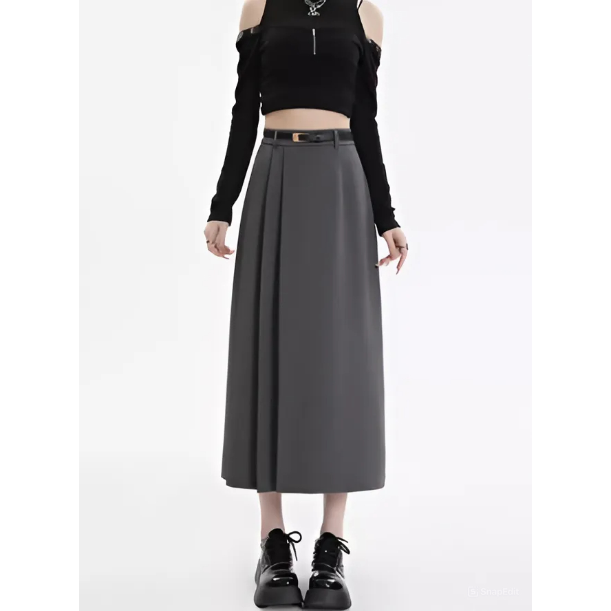 Váy Chữ A Màu Xám Dành Cho Nữ Dáng Nhỏ Nhắn Váy Xếp Ly 2024 Bản Cạp Cao Tôn Eo _Shopgoctrang19_Cv150