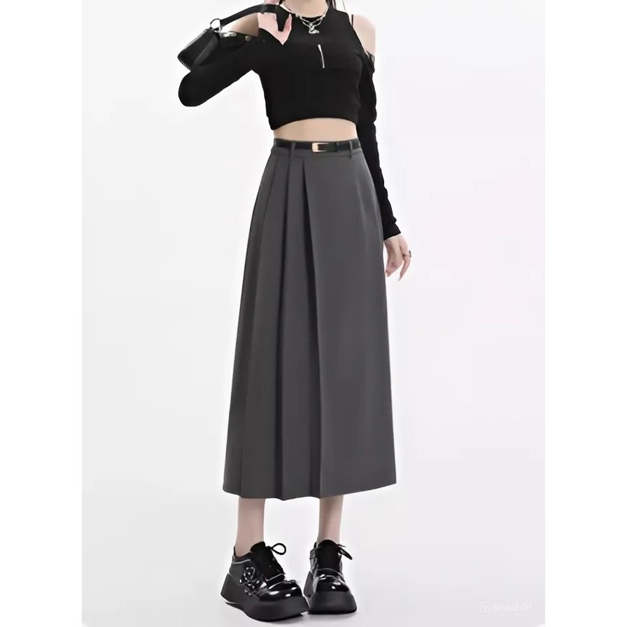 Váy Chữ A Màu Xám Dành Cho Nữ Dáng Nhỏ Nhắn Váy Xếp Ly 2024 Bản Cạp Cao Tôn Eo _Shopgoctrang19_Cv150