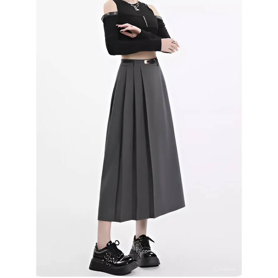 Váy Chữ A Màu Xám Dành Cho Nữ Dáng Nhỏ Nhắn Váy Xếp Ly 2024 Bản Cạp Cao Tôn Eo _Shopgoctrang19_Cv150