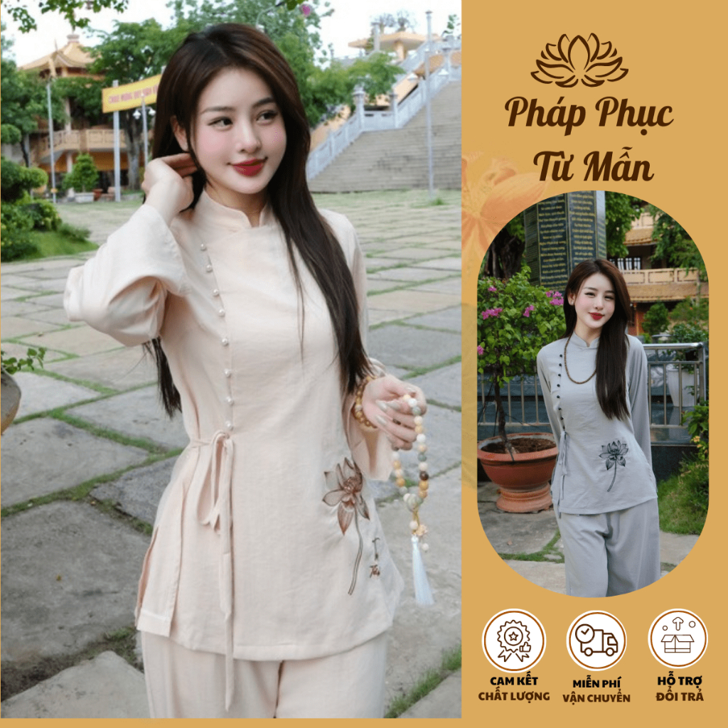 Bộ đồ đi chùa cổ tàu thêu hoa sen cúc ngọc đính Pháp phục đi chùa truyền thống vải đũi Đồ lam nữ dài tay vải mềm mịn