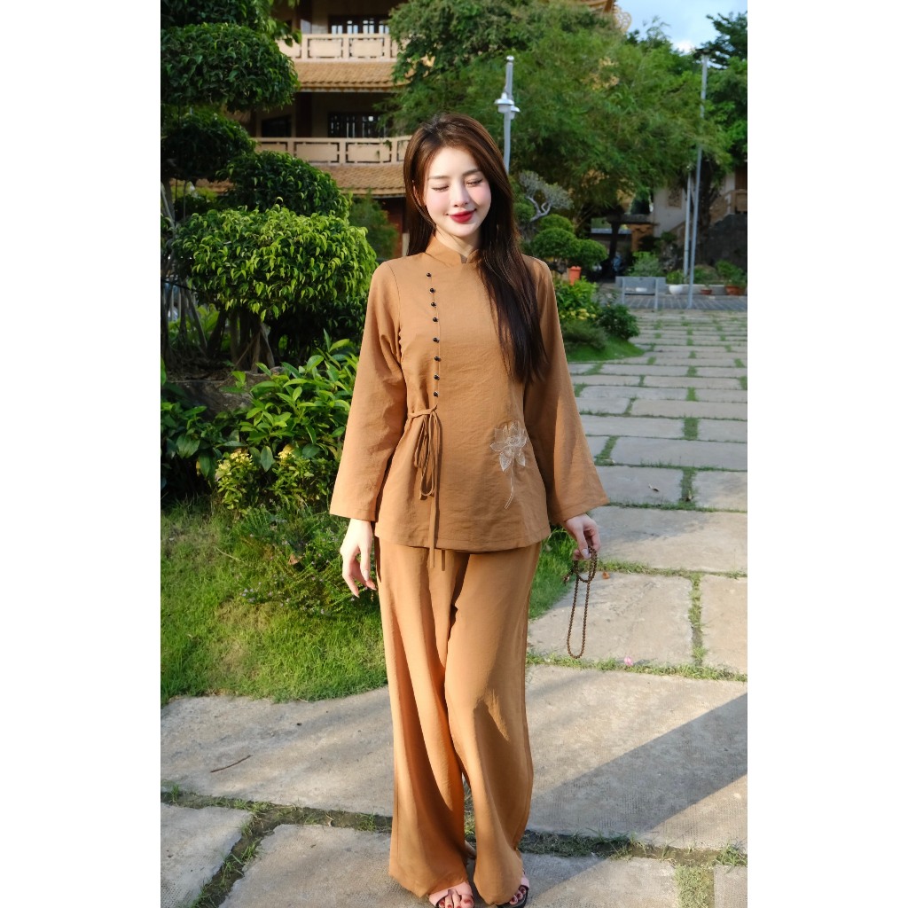 Bộ đồ đi chùa cổ tàu thêu hoa sen cúc ngọc đính Pháp phục đi chùa truyền thống vải đũi Đồ lam nữ dài tay vải mềm mịn