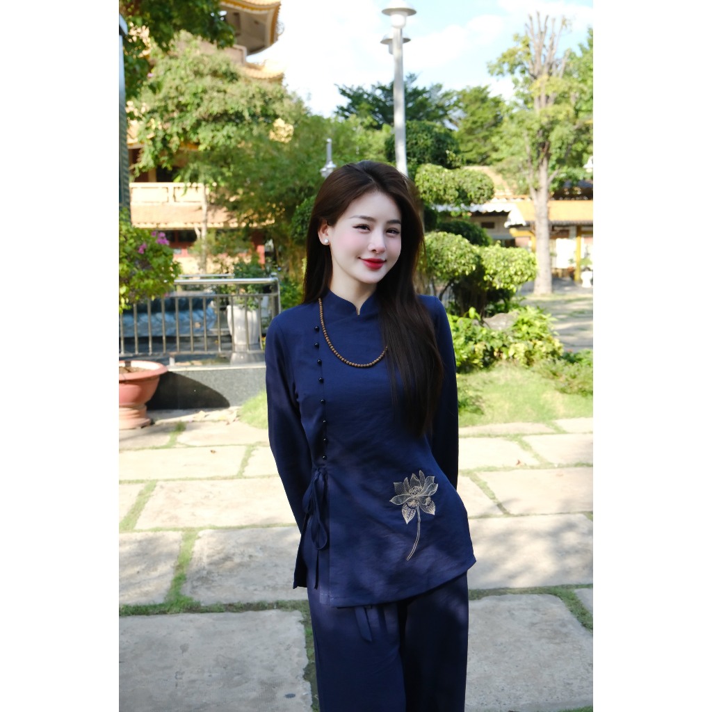 Bộ đồ đi chùa cổ tàu thêu hoa sen cúc ngọc đính Pháp phục đi chùa truyền thống vải đũi Đồ lam nữ dài tay vải mềm mịn