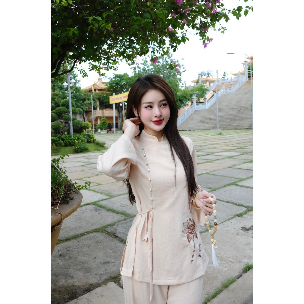 Bộ đồ đi chùa cổ tàu thêu hoa sen cúc ngọc đính Pháp phục đi chùa truyền thống vải đũi Đồ lam nữ dài tay vải mềm mịn