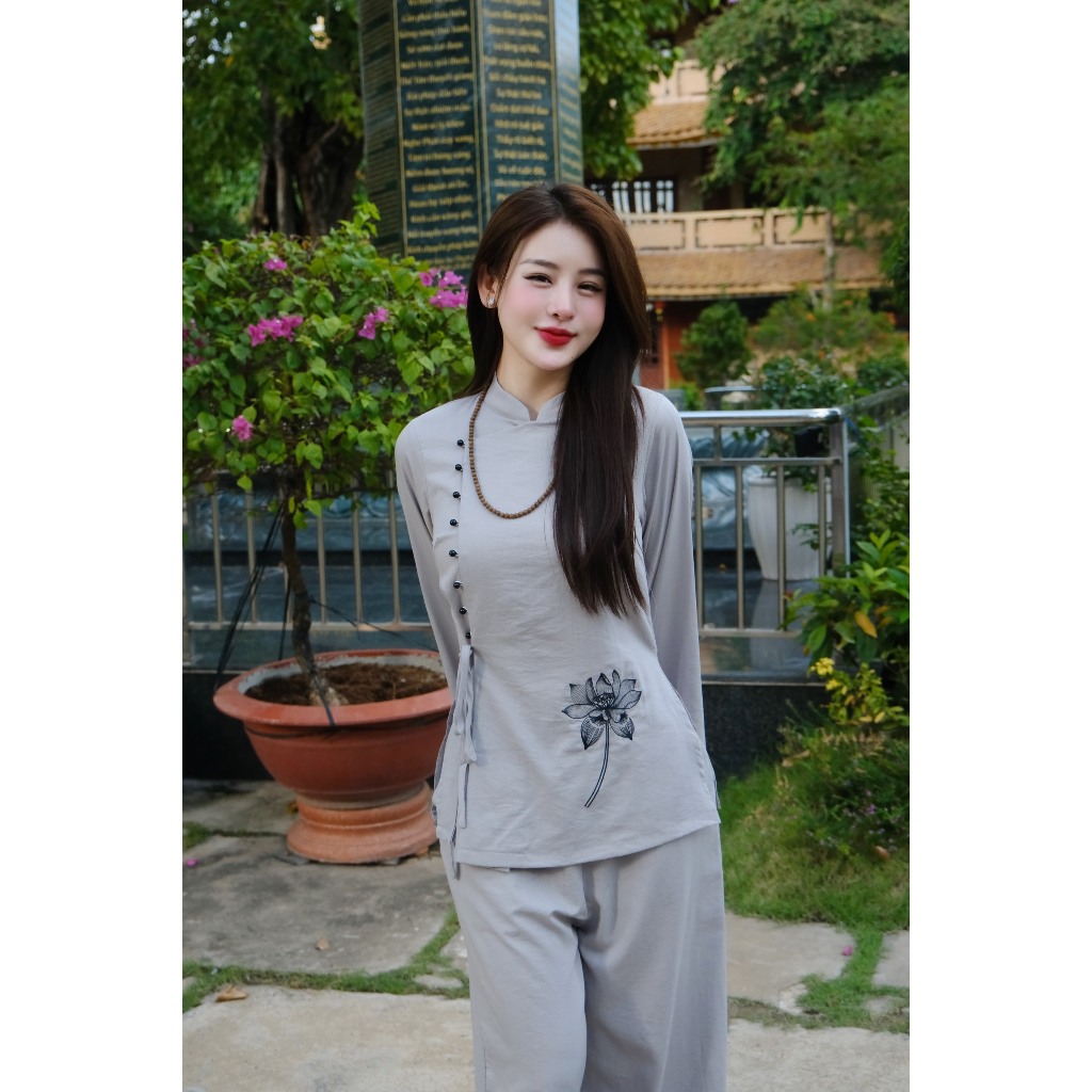 Bộ đồ đi chùa cổ tàu thêu hoa sen cúc ngọc đính Pháp phục đi chùa truyền thống vải đũi Đồ lam nữ dài tay vải mềm mịn