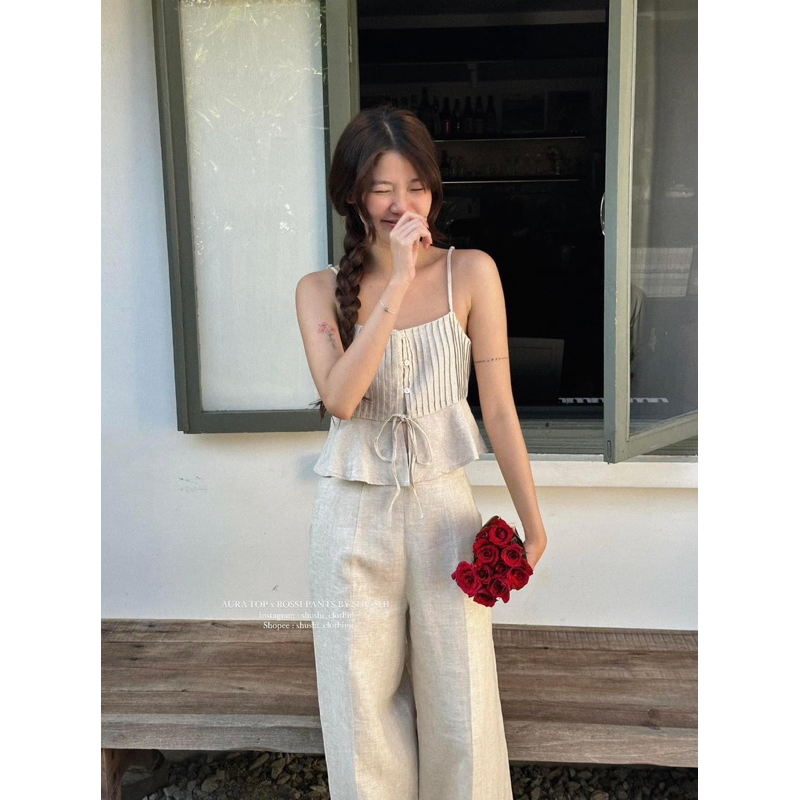 [Mya house] ÁO LINEN HAI DÂY THẮT NƠ XẾP LI NGỰC VIBE TOP