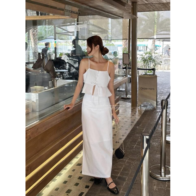 [Mya house] ÁO LINEN HAI DÂY THẮT NƠ XẾP LI NGỰC VIBE TOP