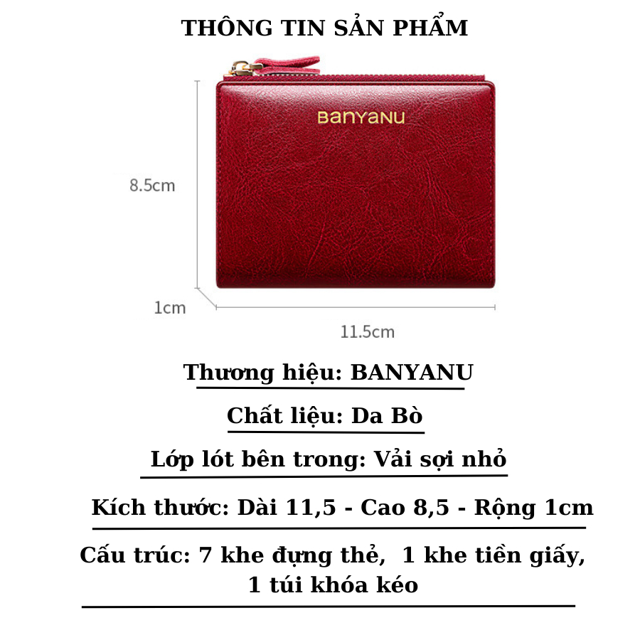 Ví Nữ Ngắn Mini Ví Đựng Tiên Bóp Nữ Da Bò Chính Hãng BANYANU Cao Cấp Mẫu BCV-VN14 Đủ Màu Có Hộp Làm Quà Tặng Sang Trọng