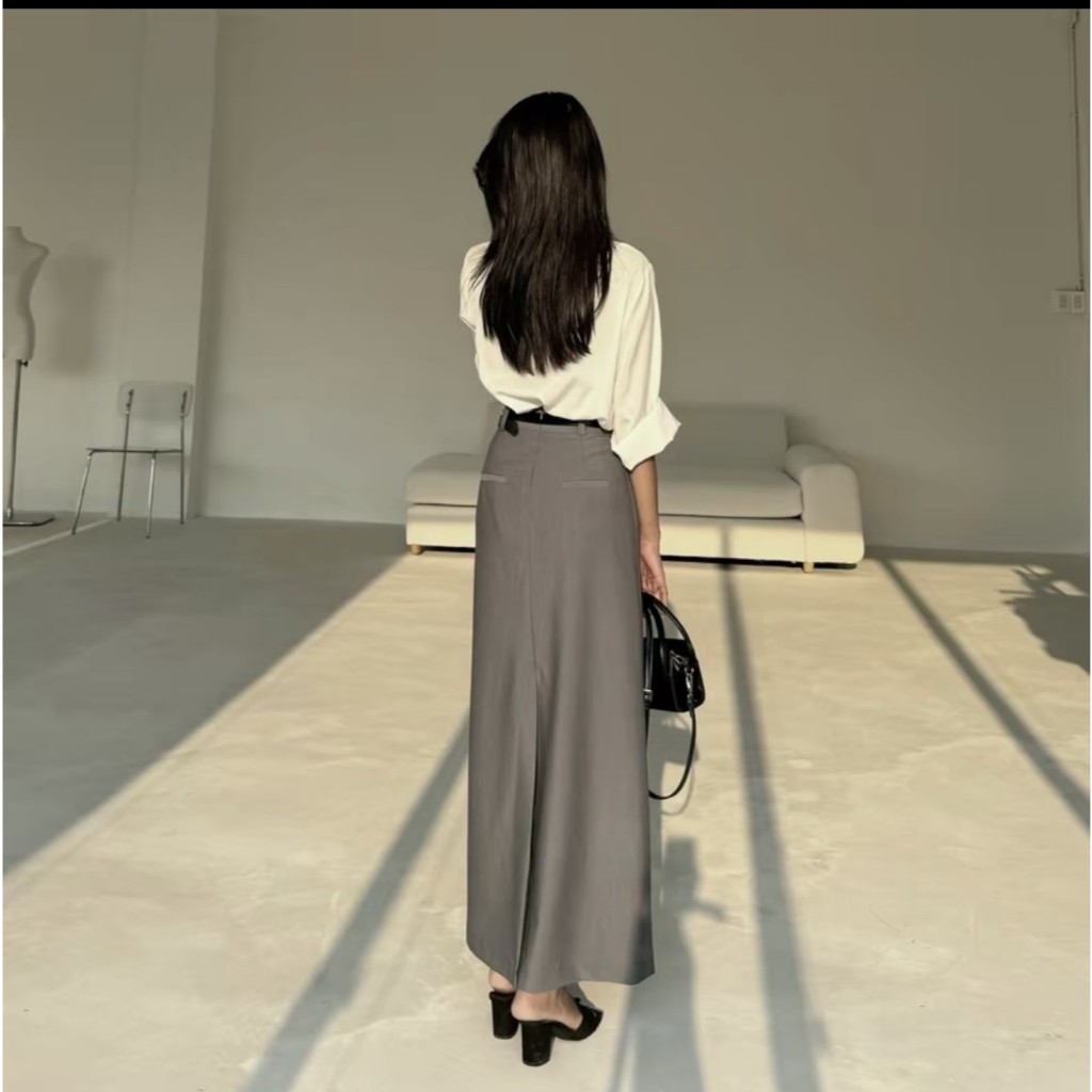 Chân Váy Chữ A Suông Dáng Dài 90cm Phối Đai Da Thiết Kế Túi Giả Phía Sau_Chất Chéo Nhật_SHOPNGOCTRANG19_CV146