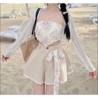 Set Mới Về Cực Slay Áo Tam Giác Cột Nơ Sau Hoa Văn Kèm Khoác Len Ren Mix Quần Đùi For Viền Ren Sexy Gợi Cảm