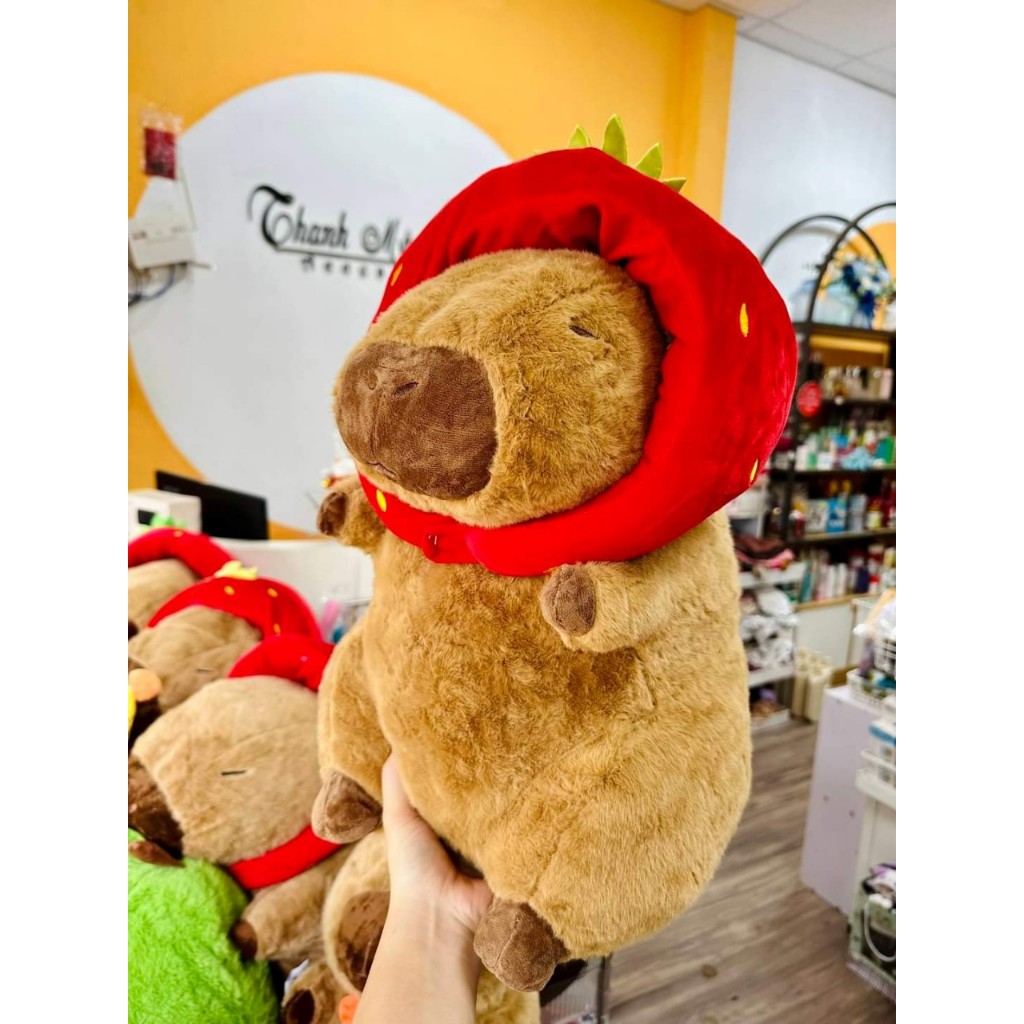 Capybara Mũ Dâu Gấu Bông Capybara Đội Mũ Dâu Dễ Thương Capybara Nón Dâu Chất Liệu Vải Lông Cao Cấp Kích Thước Đa Dạng