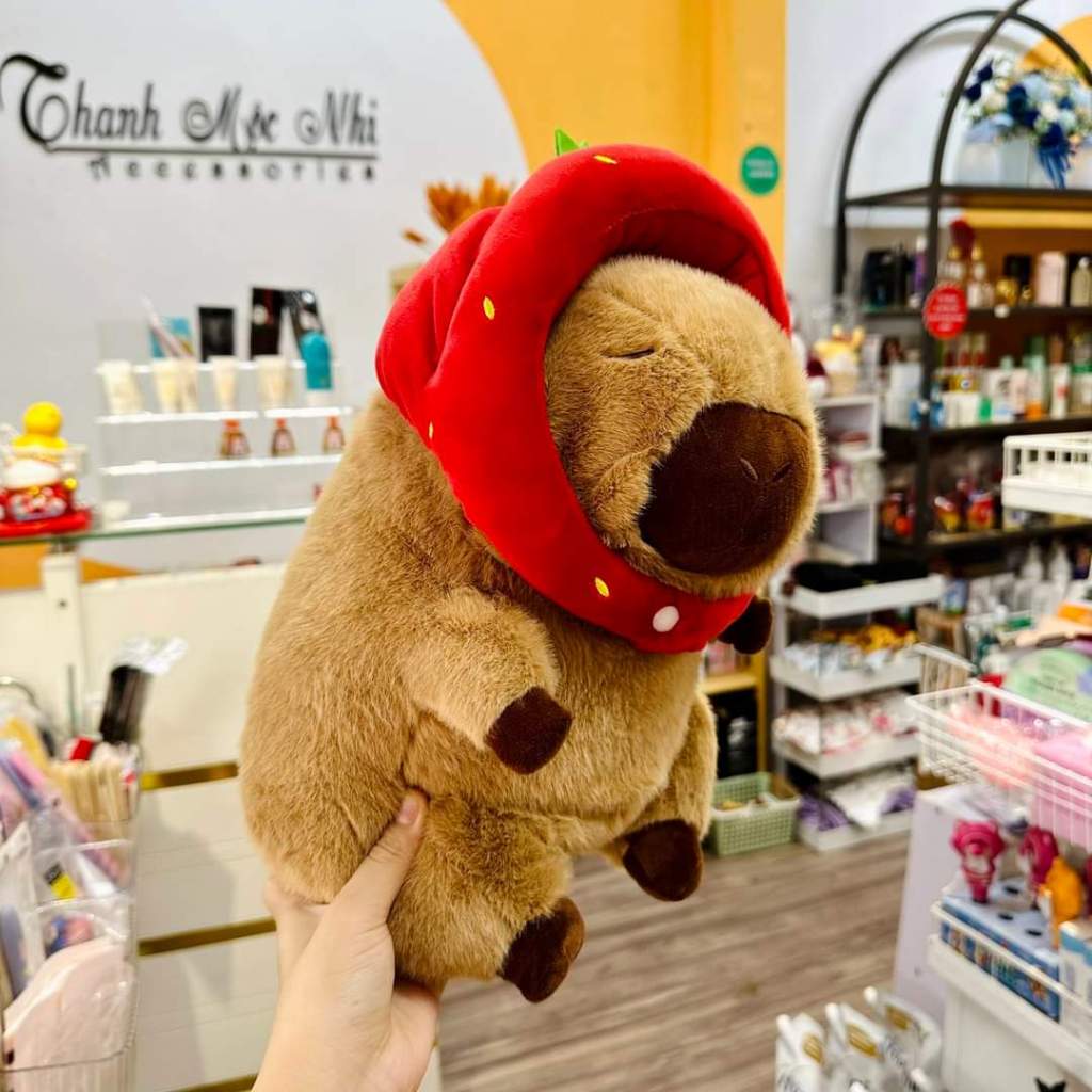 Capybara Mũ Dâu Gấu Bông Capybara Đội Mũ Dâu Dễ Thương Capybara Nón Dâu Chất Liệu Vải Lông Cao Cấp Kích Thước Đa Dạng
