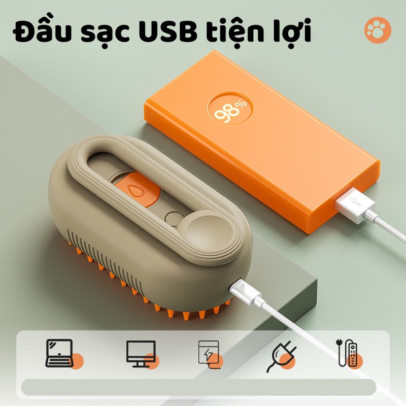 Lược Chải Lông Cho Chó Mèo Phun Hơi Nước và Massage ( có kèm dây sạc )
