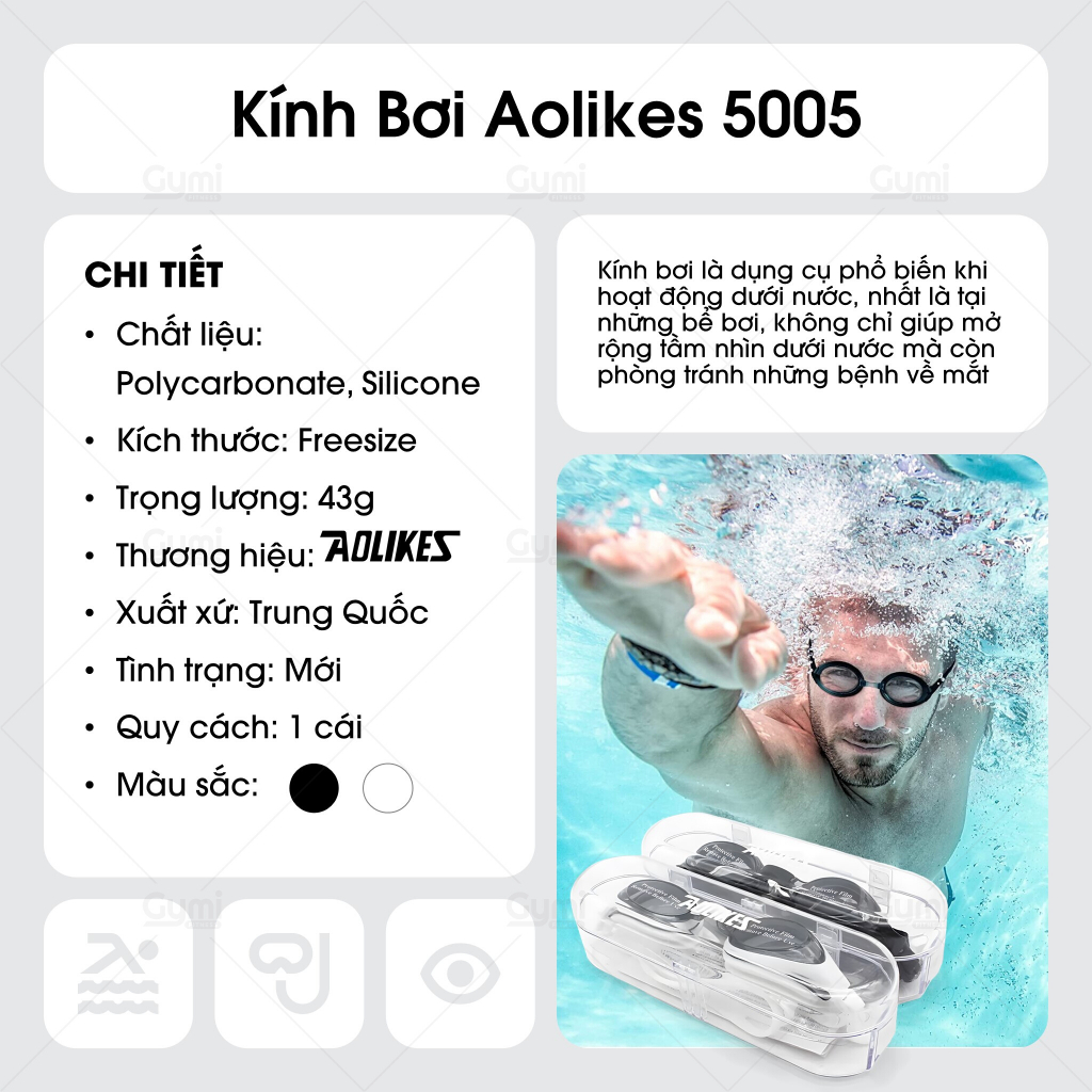 Kính Bơi Aolikes 5005 Chính Hãng - Chống Nước, Chống Mờ, Chống Tia UV - AL5005