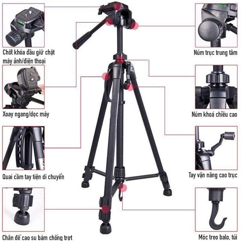 Chân Máy Ảnh, chân máy Tripod 3520,Chân Quay Video Hỗ Trợ Quay 360°-Kích Thước 55-145cm - HD Design