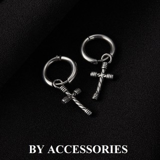 Bông tai nam unisex inox tròn phối charm thánh giá kiểu vặn thừng không gỉ UE2310 BY ACCESSORIES