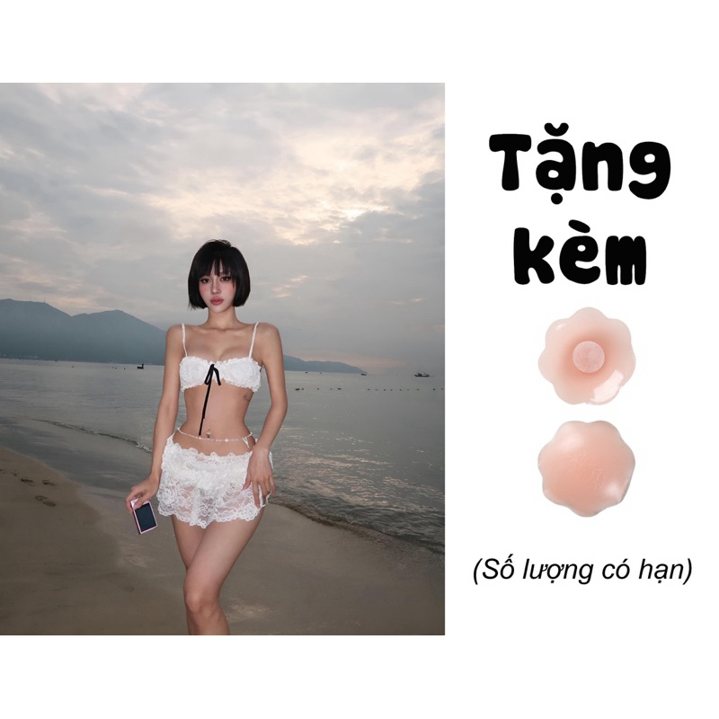 Set bikini 3 mảnh ren trắng phối nơ đen