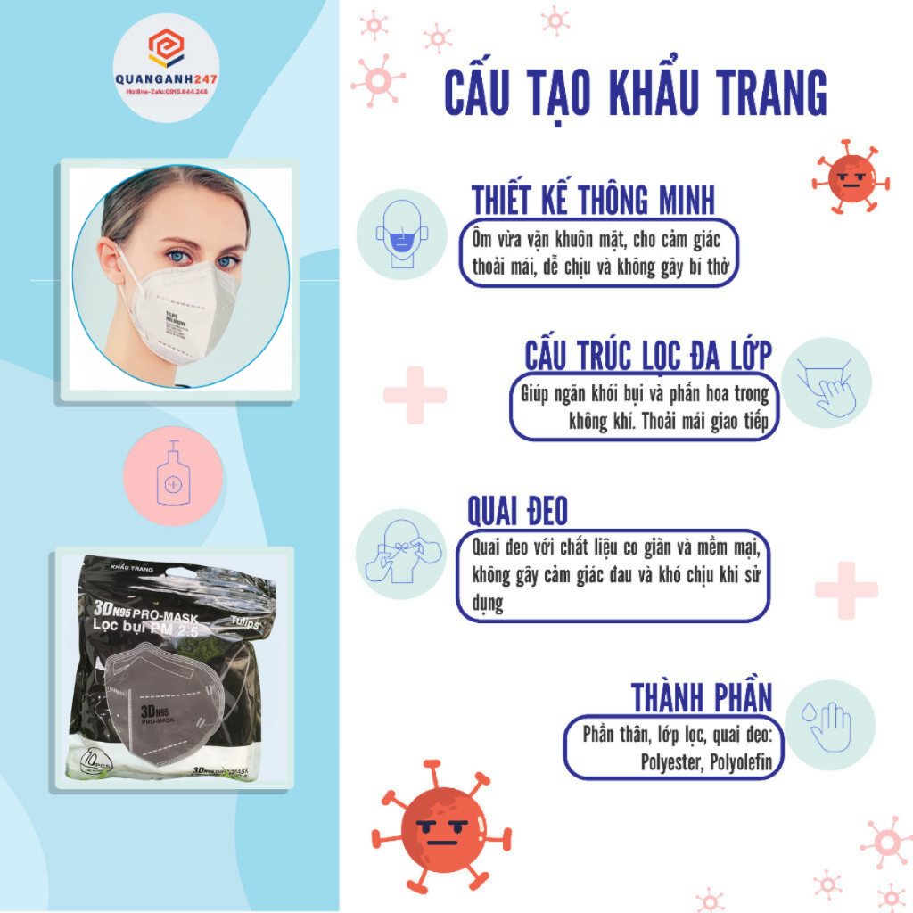 Túi 10 cái khẩu trang 4 lớp 3DN95 PRO MASK Tulips giúp chống bụi mịn,chống tia UV, kháng khuẩn