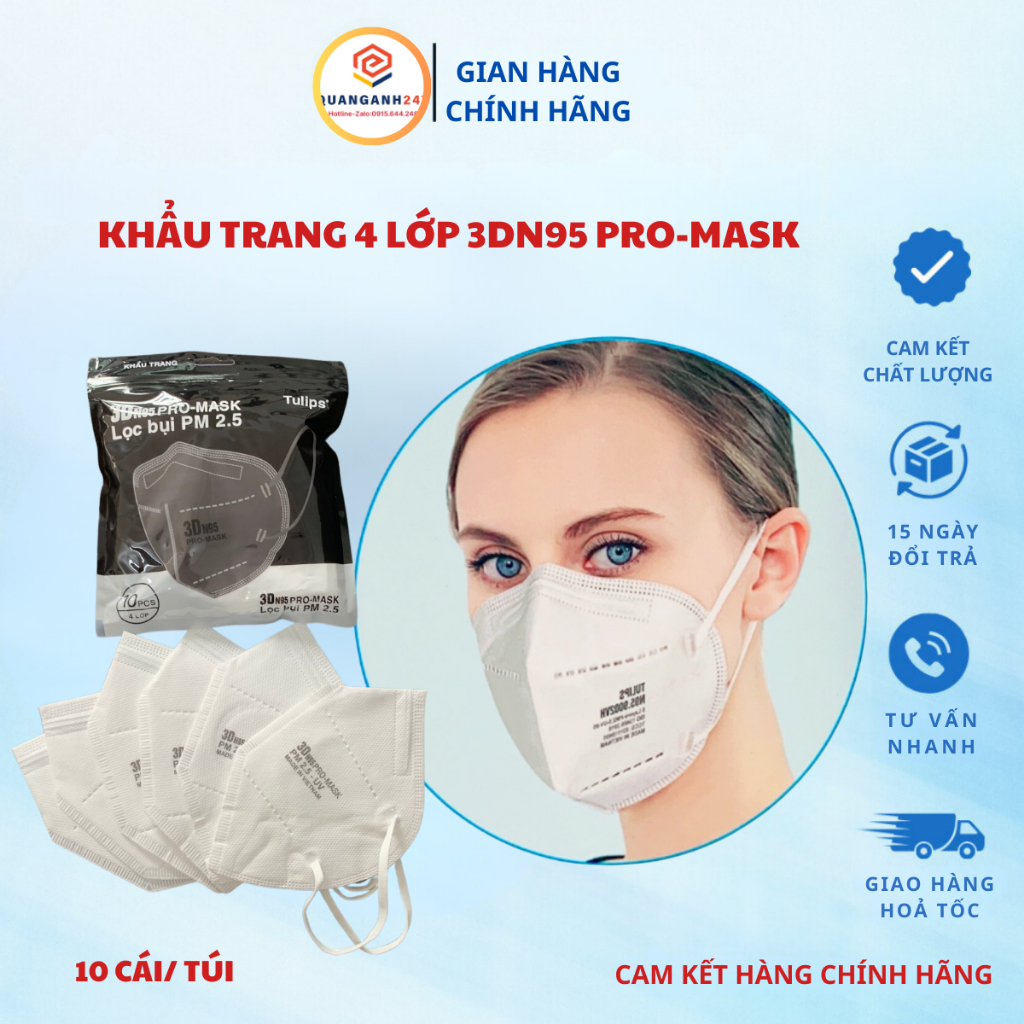 Túi 10 cái khẩu trang 4 lớp 3DN95 PRO MASK Tulips giúp chống bụi mịn,chống tia UV, kháng khuẩn