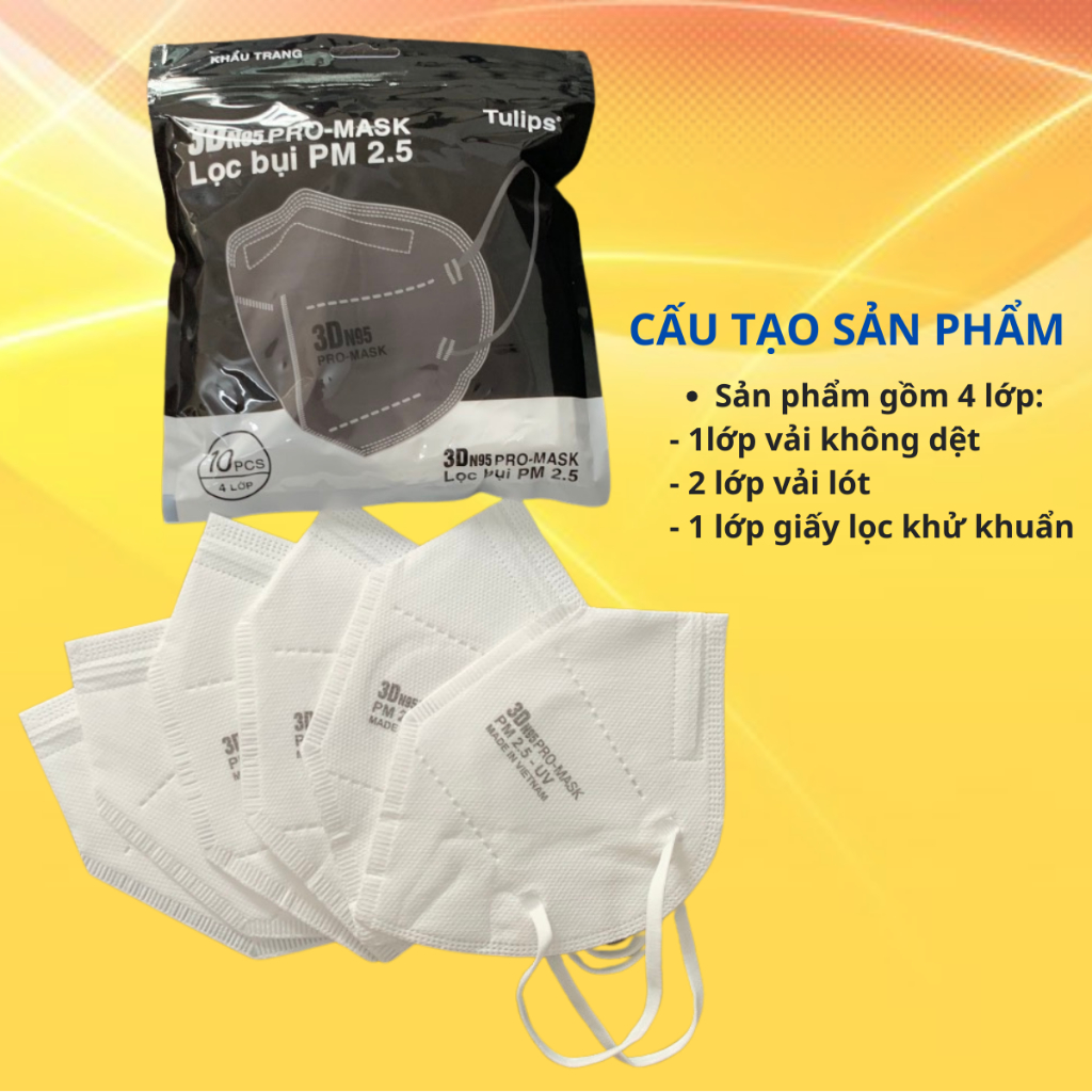 Túi 10 cái khẩu trang 4 lớp 3DN95 PRO MASK Tulips giúp chống bụi mịn,chống tia UV, kháng khuẩn