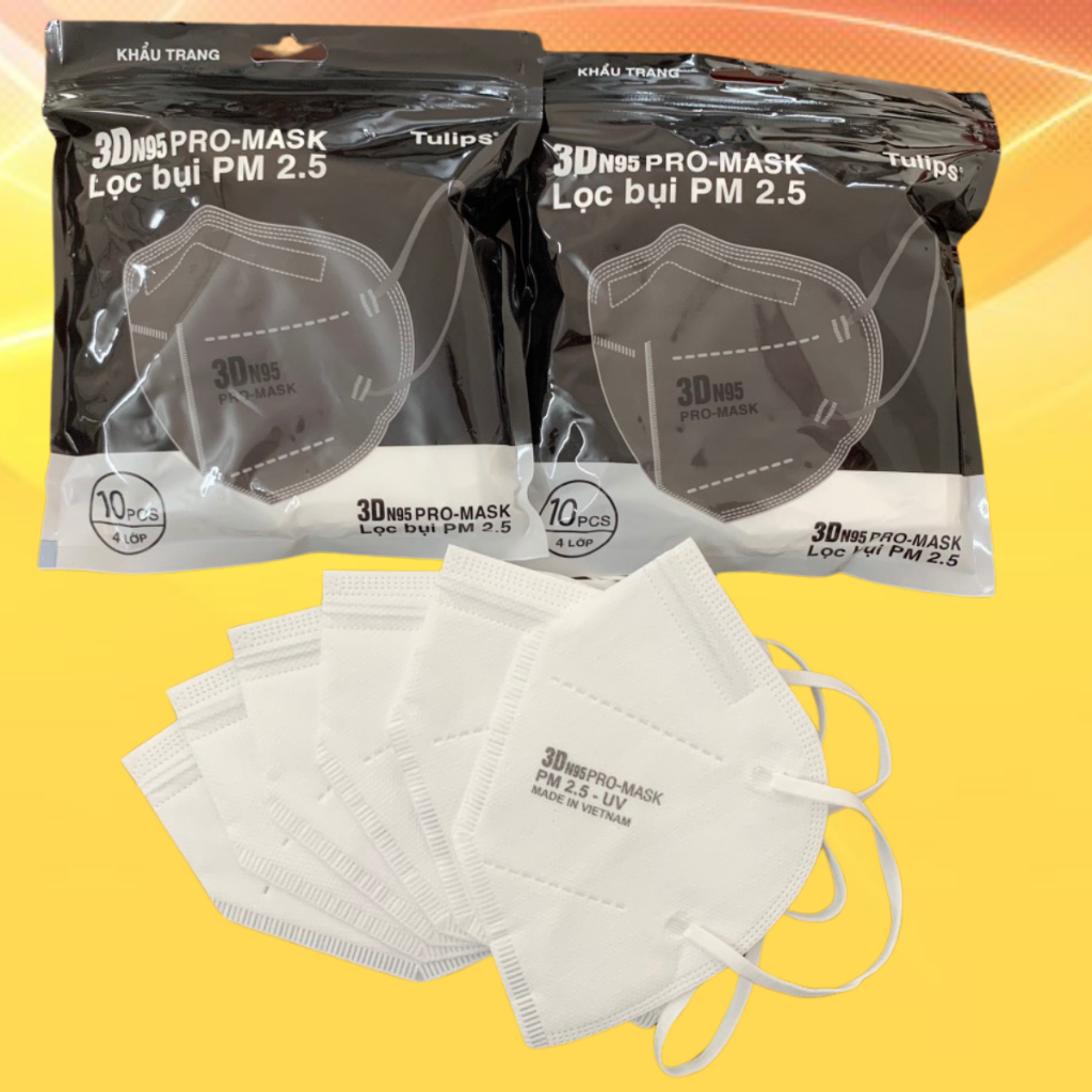 Túi 10 cái khẩu trang 4 lớp 3DN95 PRO MASK Tulips giúp chống bụi mịn,chống tia UV, kháng khuẩn