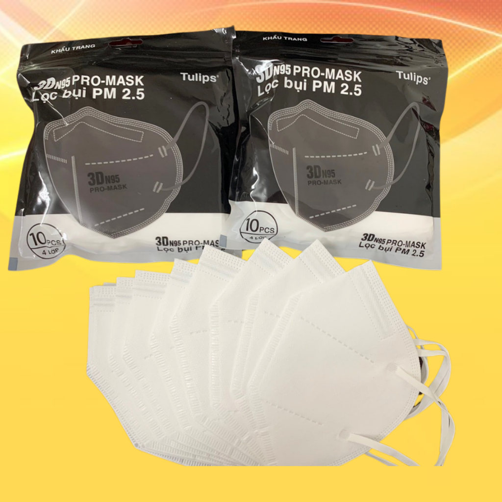 Túi 10 cái khẩu trang 4 lớp 3DN95 PRO MASK Tulips giúp chống bụi mịn,chống tia UV, kháng khuẩn