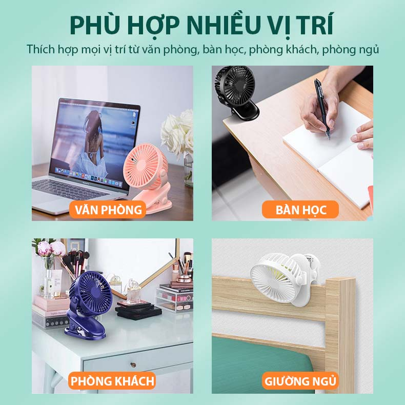Quạt mini kẹp để bàn sạc tích điện không chổi than chạy cực êm nhiều màu sắc My Home DN036
