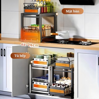 Gslife Kệ Kéo Kép-2 Tầng Trắng/Xám, Kệ Đựng Vật Dụng Kéo Kép Có Tấm Gỗ, Kệ Để Đồ Kéo Kép