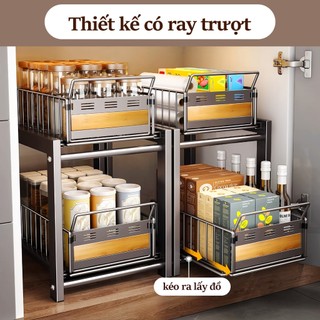 Gslife Kệ Kéo Kép-2 Tầng Trắng/Xám, Kệ Đựng Vật Dụng Kéo Kép Có Tấm Gỗ, Kệ Để Đồ Kéo Kép