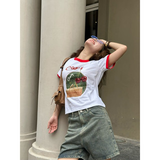 Áo thun nữ baby tee viền đỏ “Cherry” 100% cotton 2 chiều | Kraken drk | Freeship