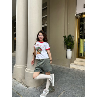 Áo thun nữ baby tee viền đỏ “Cherry” 100% cotton 2 chiều | Kraken drk | Freeship