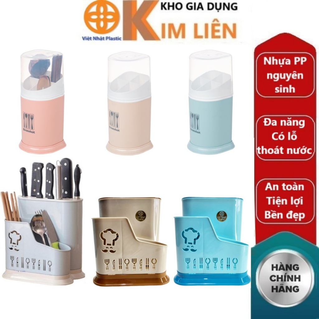 Ống đựng đũa nhựa VIỆT NHẬT 2719+76 - Nắp trong, khe cắm dao, kéo, muỗng - Để bàn quán ăn AMIZIN