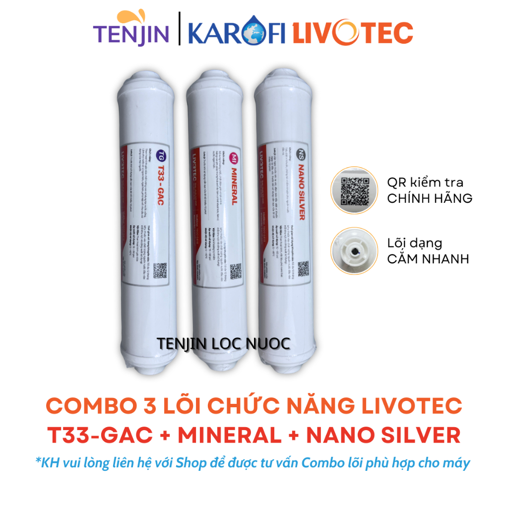 Combo 3 Lõi Chức Năng Karofi Livotec Gồm T33-GAC + Mineral + Nano Silver Giúp Tạo Vị, Bổ Sung Khoáng Chất, Diệt Khuẩn