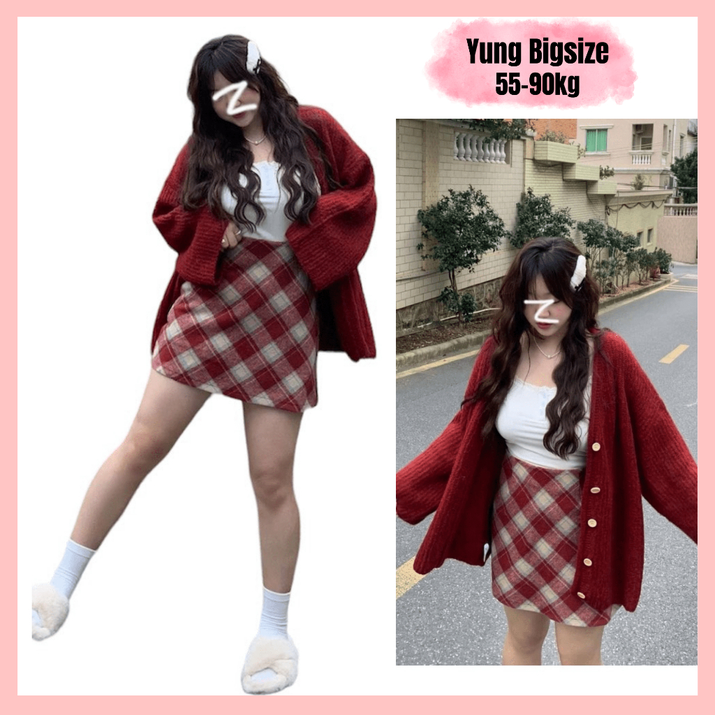 Set bigsize, set len bigsize áo khoác cadigan len kèm chân váy chữ A kẻ ...