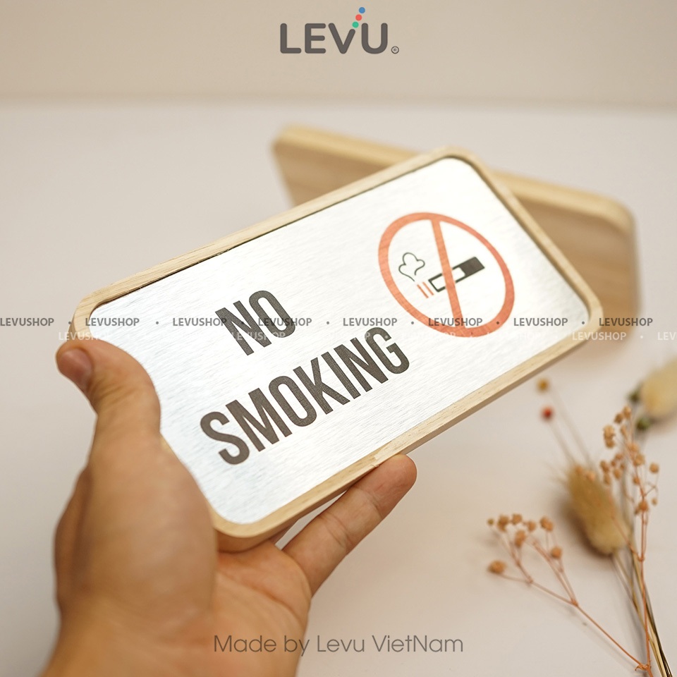Bảng no smoking để bàn mặt nhôm in uv khung gỗ decor cao cấp 10x20cm