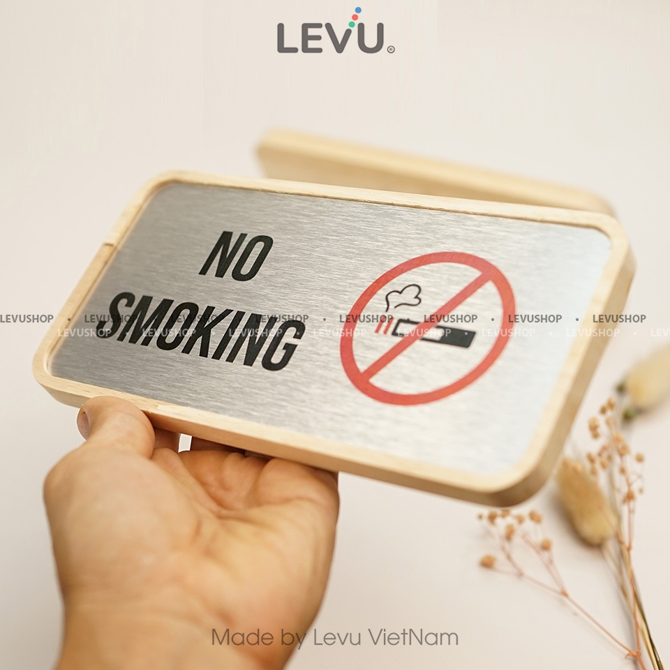 Bảng no smoking để bàn mặt nhôm in uv khung gỗ decor cao cấp 10x20cm