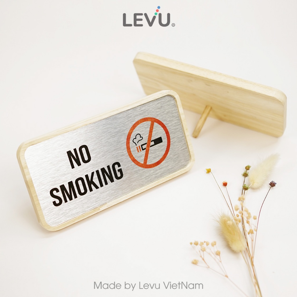 Bảng no smoking để bàn mặt nhôm in uv khung gỗ decor cao cấp 10x20cm