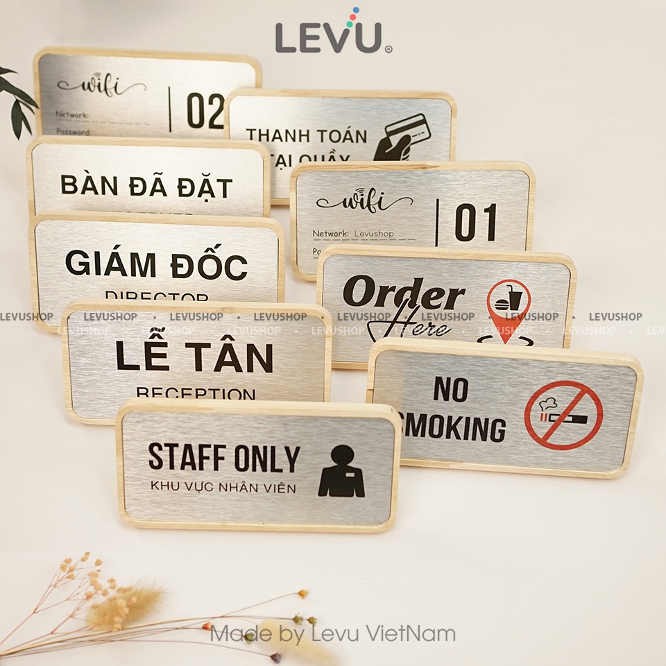 Bảng no smoking để bàn mặt nhôm in uv khung gỗ decor cao cấp 10x20cm