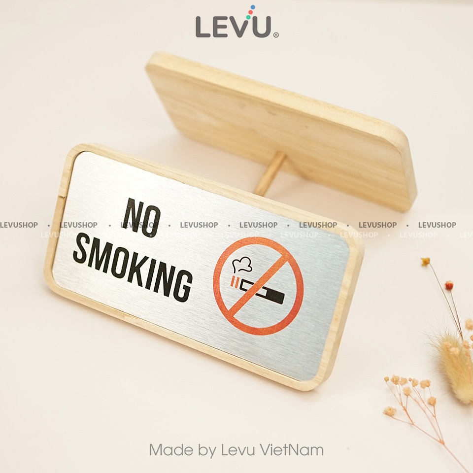 Bảng no smoking để bàn mặt nhôm in uv khung gỗ decor cao cấp 10x20cm
