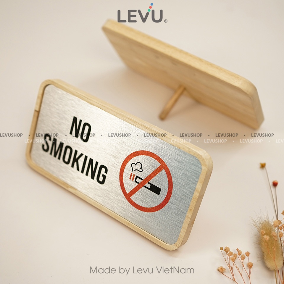 Bảng no smoking để bàn mặt nhôm in uv khung gỗ decor cao cấp 10x20cm