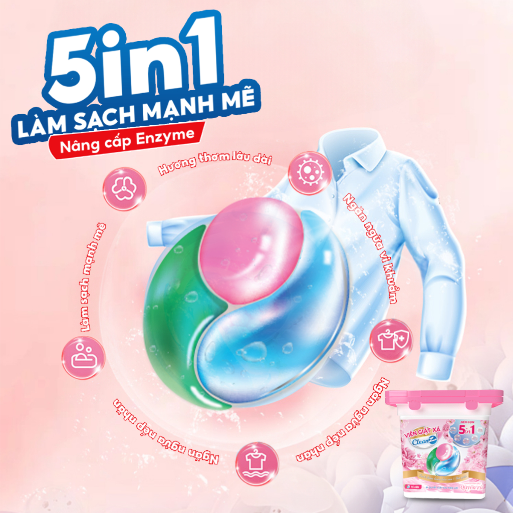 Ảnh Combo 3 túi/hộp viên giặt thơm CleanZ giặt sạch diệt khuẩn tiện lợi 5 trong 1 (16 viên) Hương Hoa Đào Thơm Mát 3