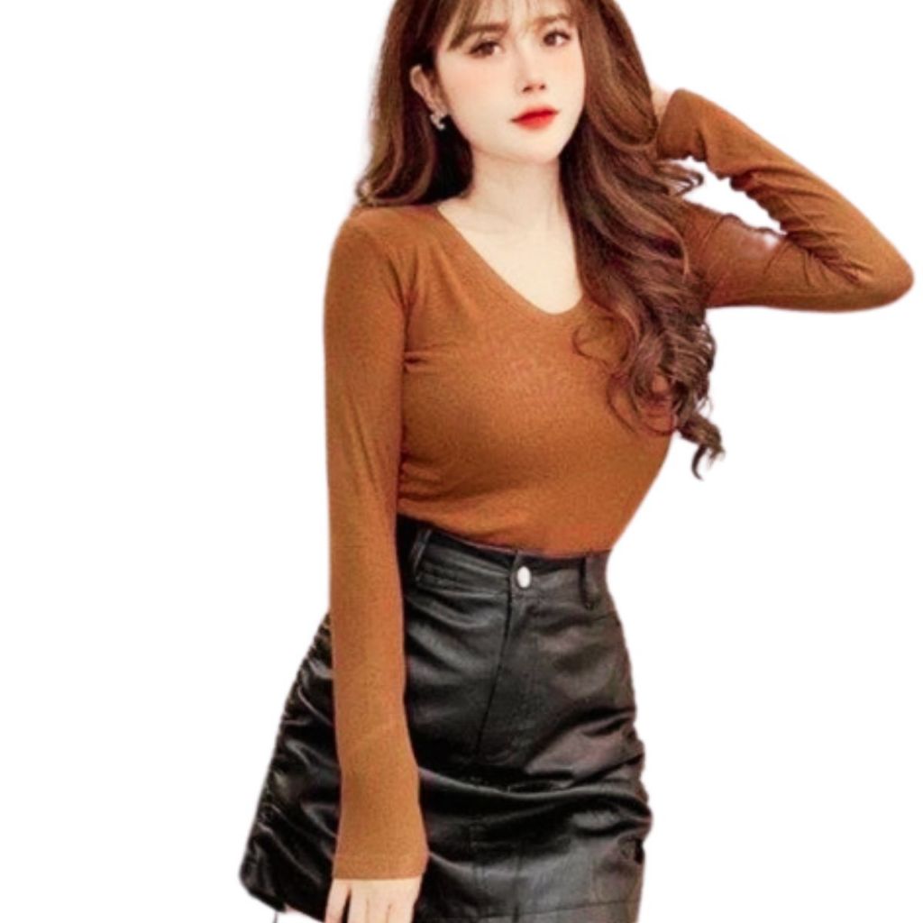 Áo Thun Nữ Tay Dài Cổ Tim Bigsize ESHOP Áo Kiểu Nữ Cổ V Cổ Vuông Trơn Đẹp Dáng Ôm Dễ Thương MS217