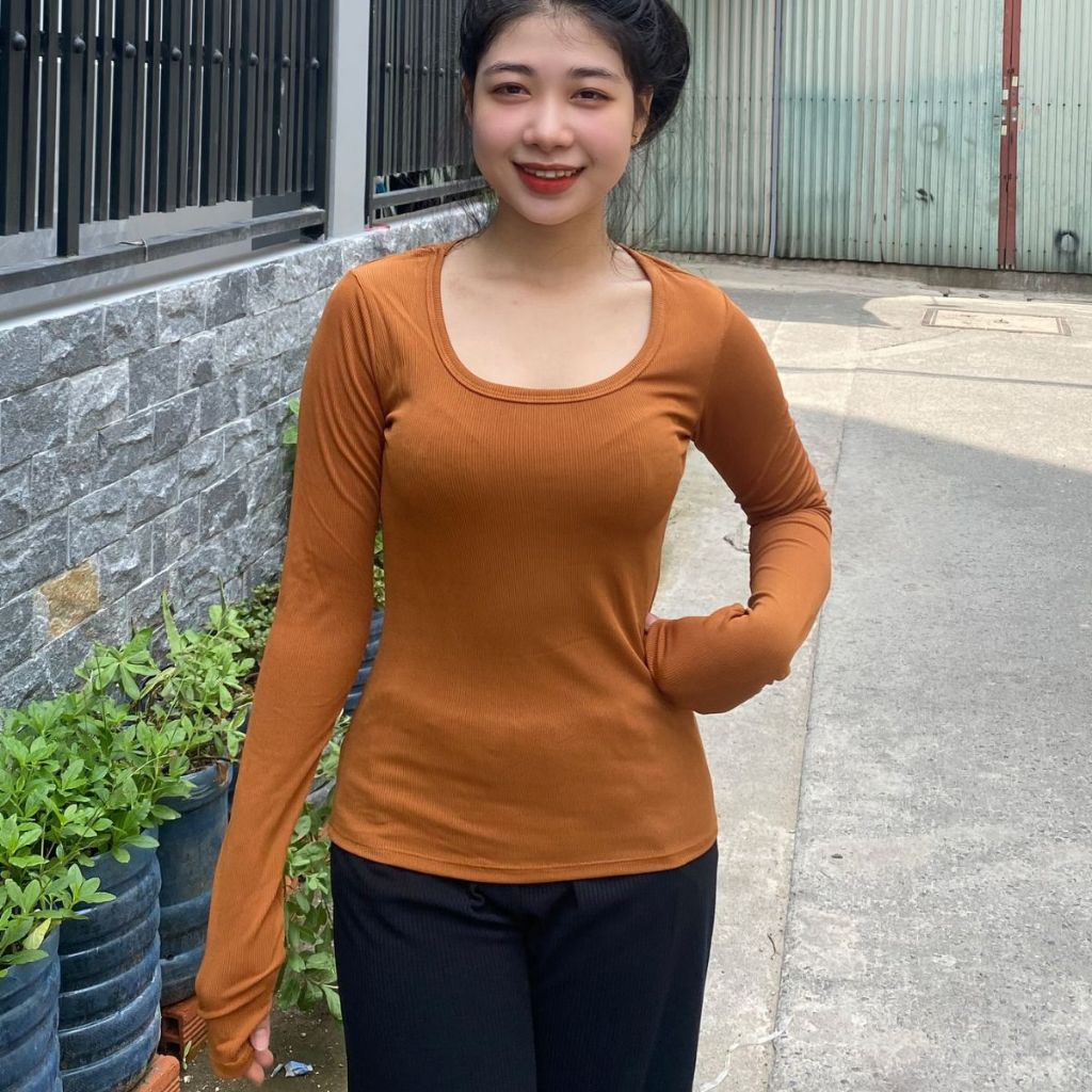 Áo Thun Nữ Tay Dài Cổ Vuông Bigsize ESHOP Áo Dài Tay Nữ Cổ V Trơn Đẹp Dáng Ôm Xinh Dễ Thương MS3003